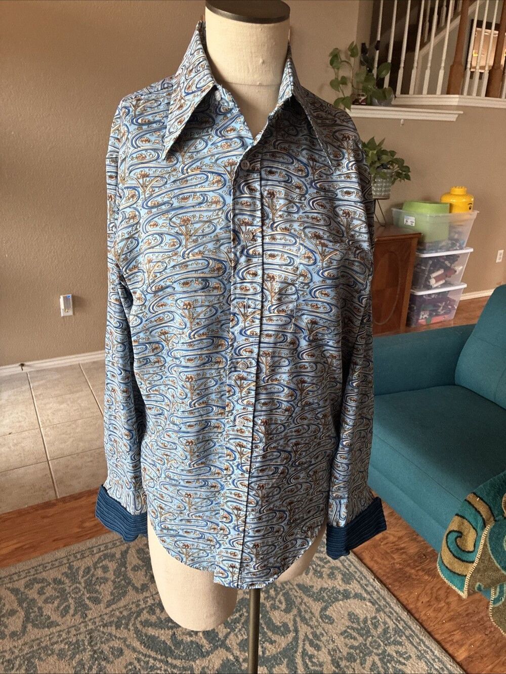 Vintage Kmart Mens 70s 80s Button Up Swirl Pattern Corduroy Cuffs Sz Large